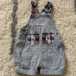 Vtg Y2K Baby Boys Plaid Shortalls 12 months Bubble Romper Frog Turtle Red Blue